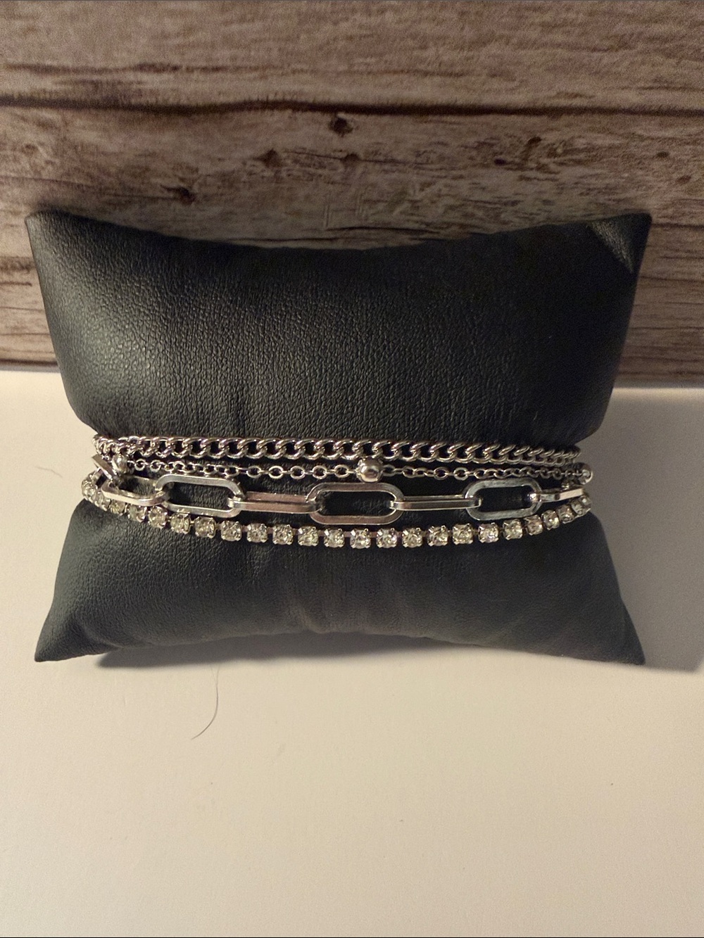 Layered Chain and Rhinestone Bracelets Set - Silver